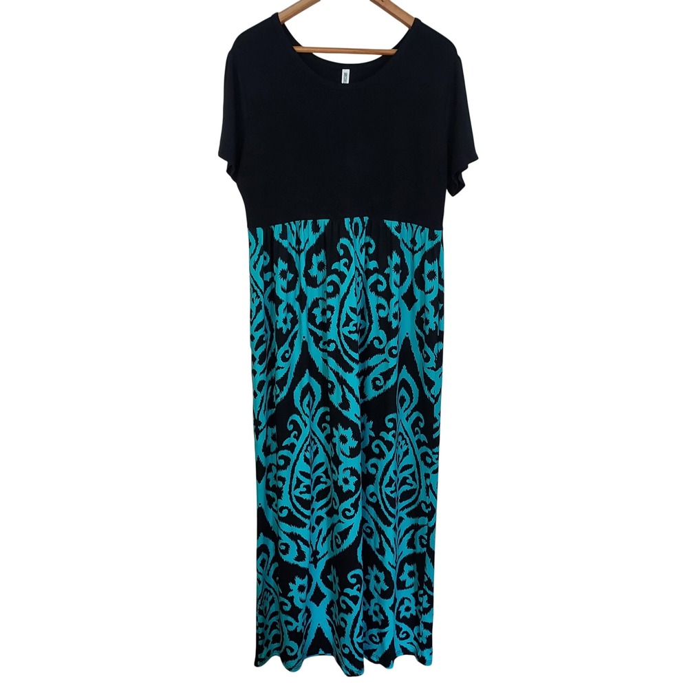 2XL Black Teal Damask Print Short Sleeve Jersey Maxi Dress Boho Flowy